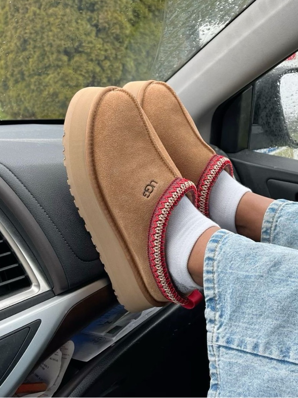 UGG Chestnut Suede Slip-On Mules with Red Trim